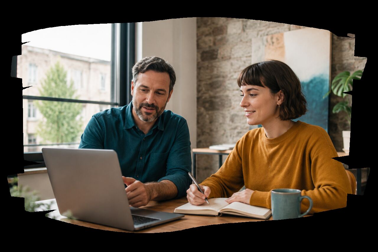 Two small-business professionals planning a website and marketing project together in a bright Kingston office